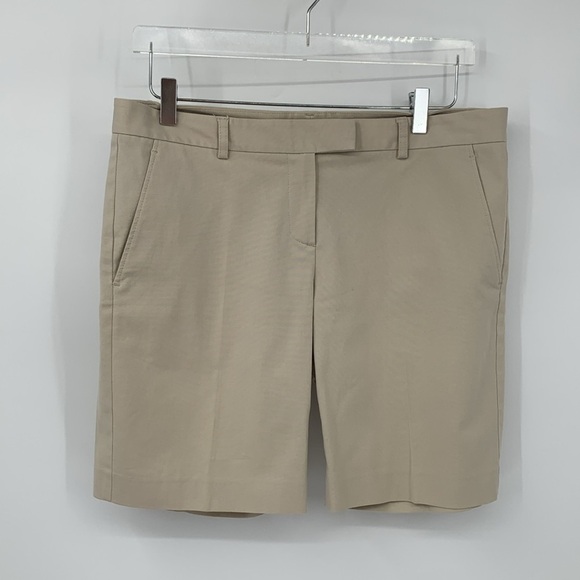 Theory flat front shorts stretch cotton longer Bermuda tan khaki 12 - Picture 1 of 3